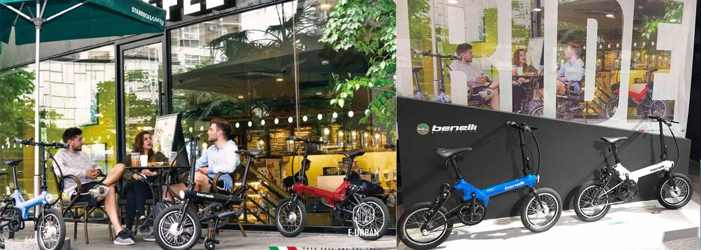 The Benelli foldable e-bike at an outdoor event