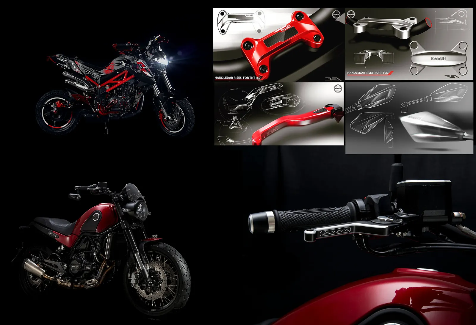 Red accessories and Benelli motorcycles on a black background