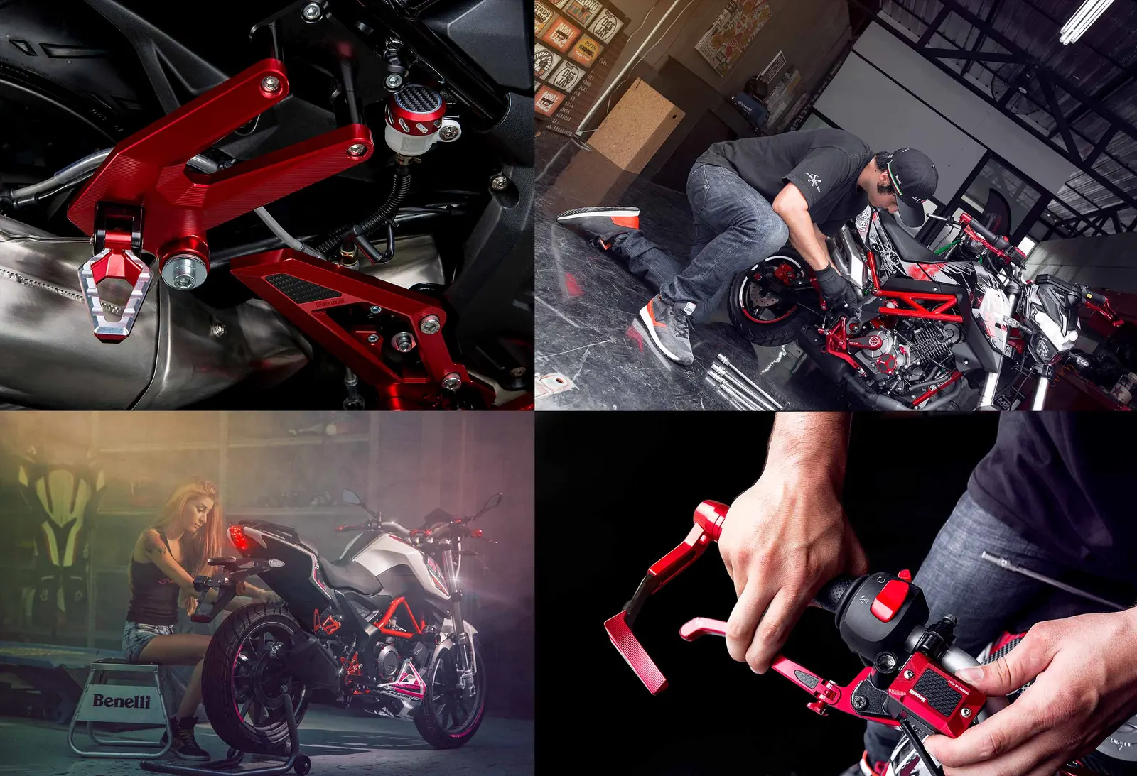 Red accessories in use, in the workshop and on the street