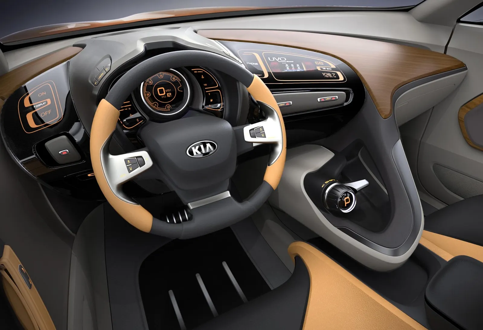 Interior of a KIA concept with steering wheel and dashboard