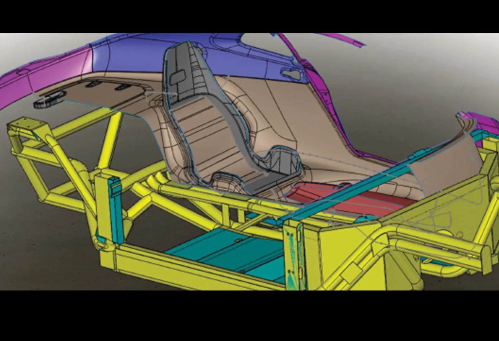 CAD model of a vehicle structure with the seat