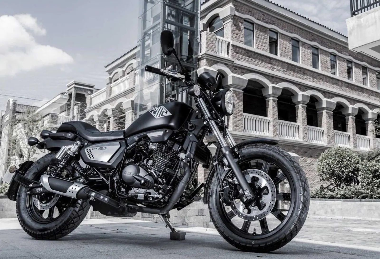 Black Keeway future custom in front of a historic building