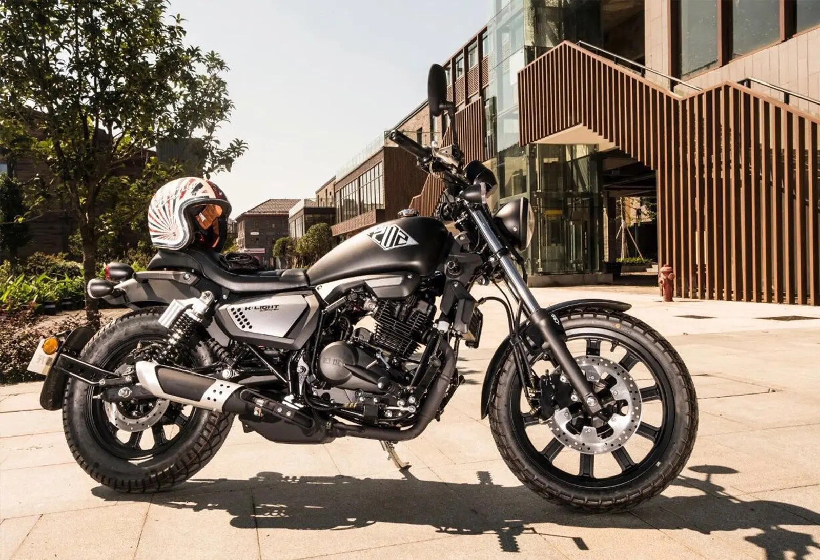 The future custom on the street, with a helmet on the seat