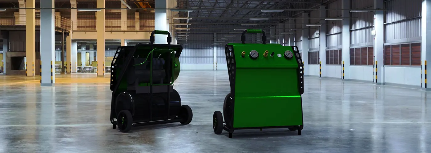 Green equipment in an industrial warehouse