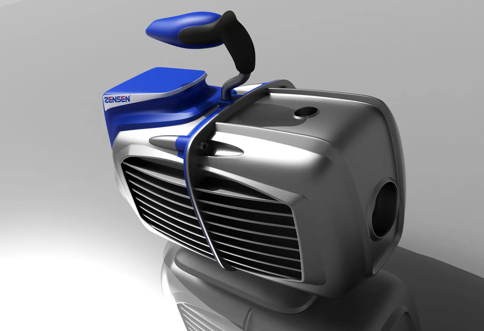 Render of a silver product with a grille and a blue handle